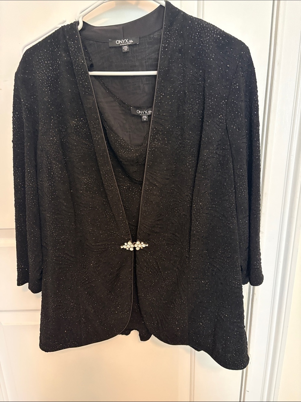 Onyx Black Sparkle Open-Front Cardigan with Jeweled Clasp